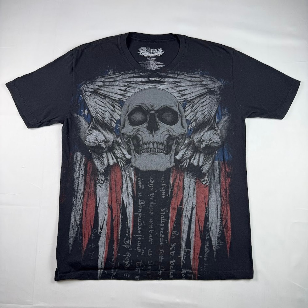 Helix Mens Skull Eagle American Flag Graphic V-Neck T-Shirt Black Size Large